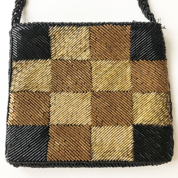 VTG Hand Beaded Shoulder Bag Checkered Gold Black - Picture 2 of 11